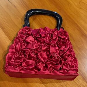 Red Rosette Satin Clutch with Black Handle